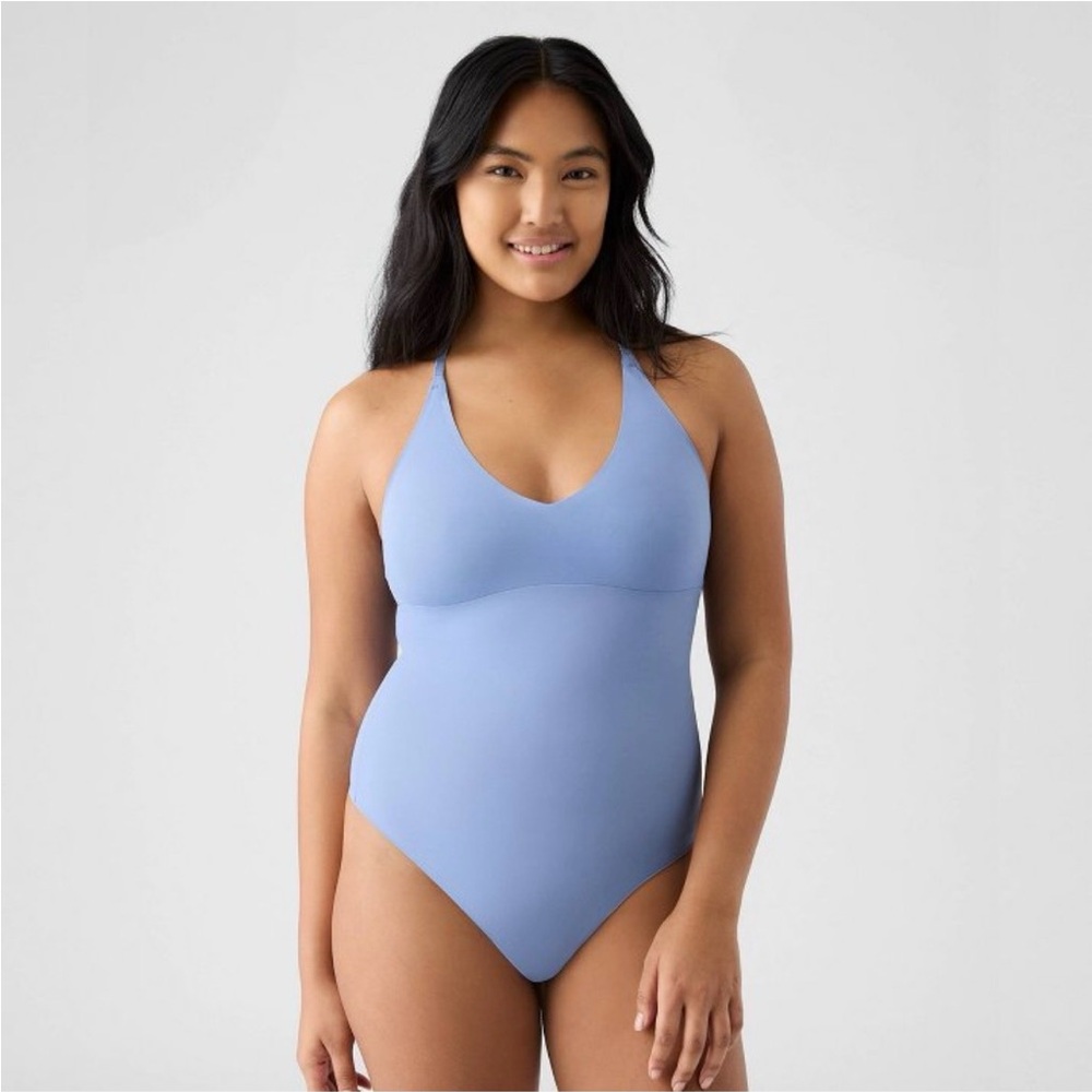 NWT! True & Co. Women's V Neck Bra Lace Racerback Bodysuit - Slate Gray L